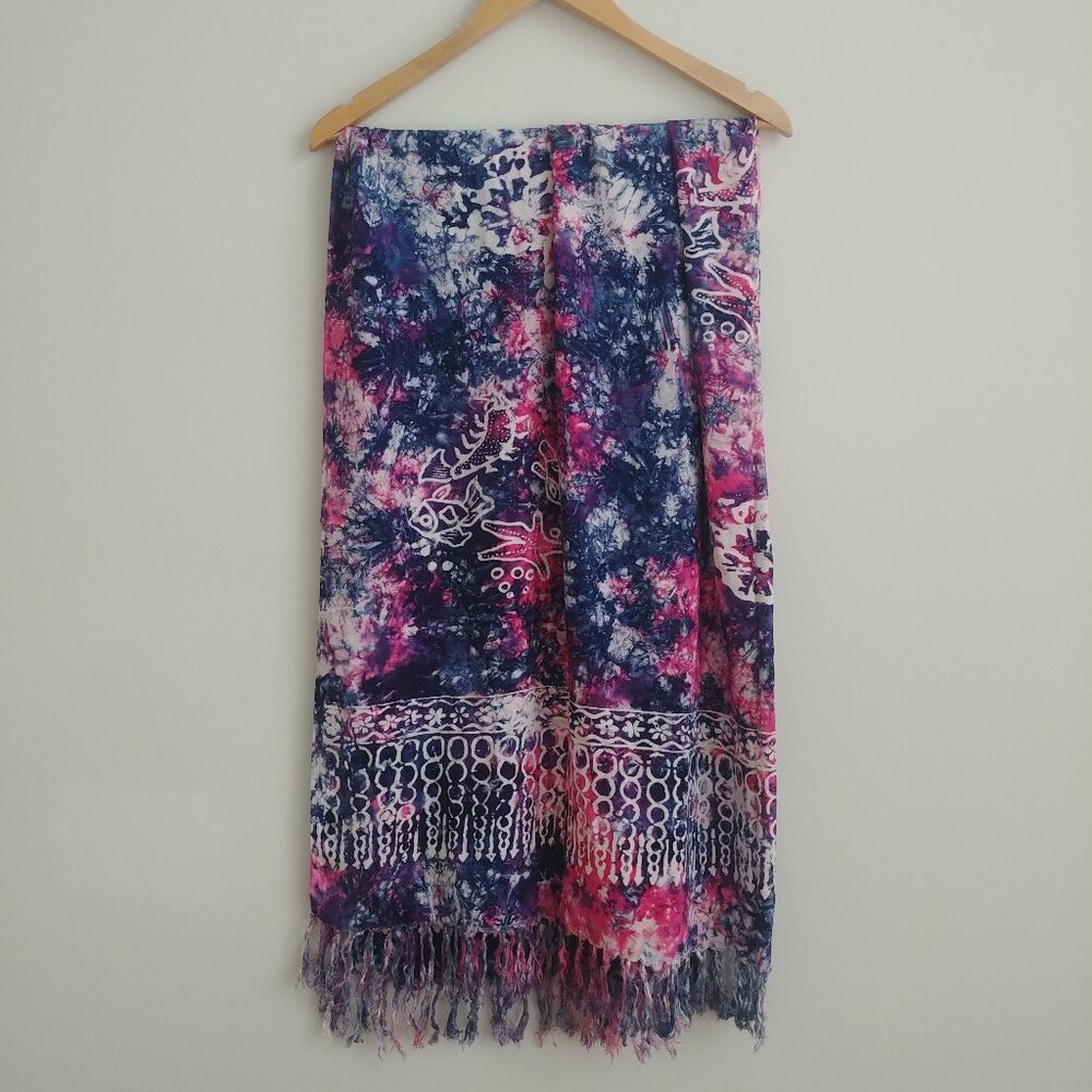 Very large blue pink tie dye look scarf white fish detail fringe